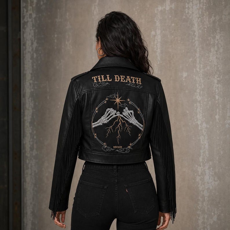 Fringe jacket back detail with stars and lightning