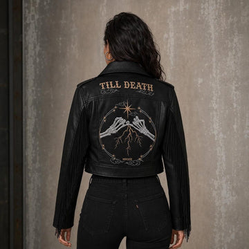 Fringe jacket back detail with stars and lightning