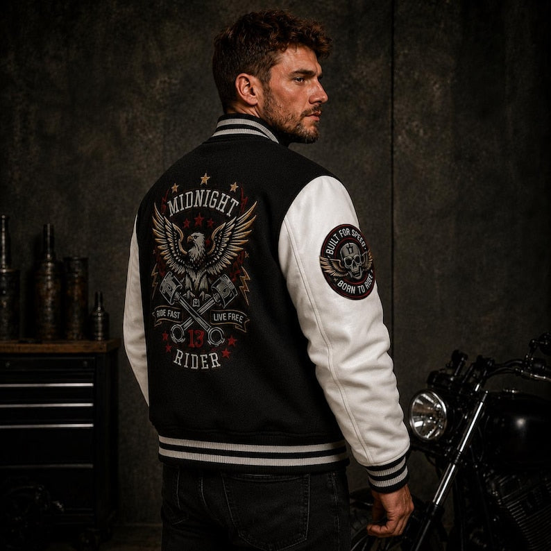 Varsity jacket back graphic Midnight Rider