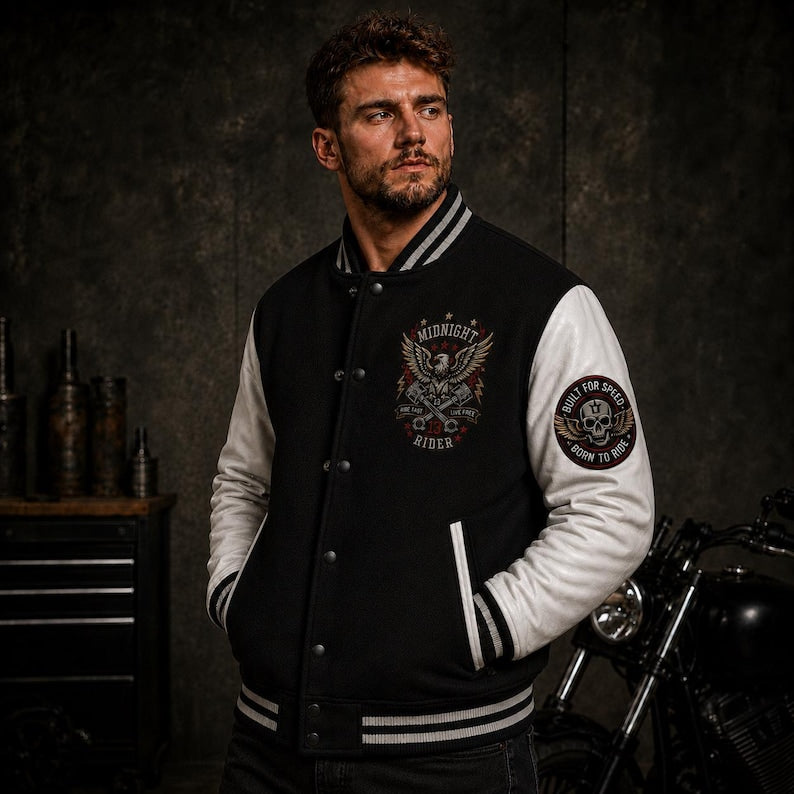 Varsity jacket chest eagle embroidery detail