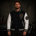 Men's Varsity Jacket Black Wool Letterman White Leather Sleeves Eagle Bomber