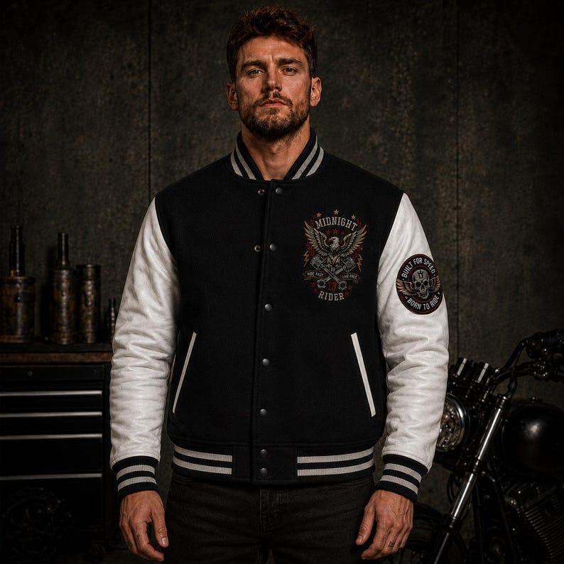 Men's Varsity Jacket Black Wool Letterman White Leather Sleeves Eagle Bomber