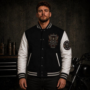 Men's Varsity Jacket Black Wool Letterman White Leather Sleeves Eagle Bomber