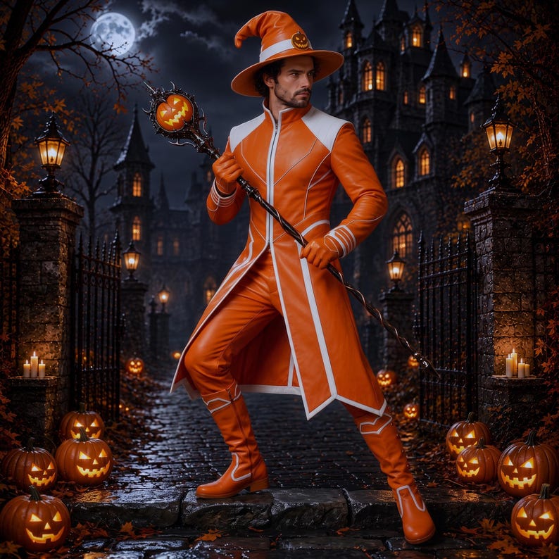 Men's Orange White Leather Wizard Costume Set image 6