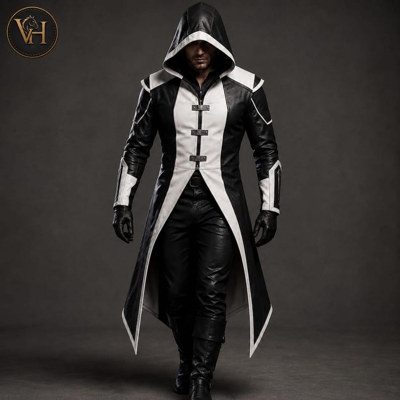 Hooded Assassin Leather Coat - Medieval Cyberpunk Trench