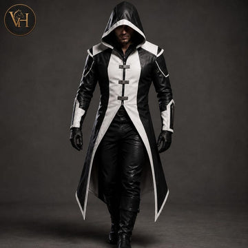 Hooded Assassin Leather Coat - Medieval Cyberpunk Trench