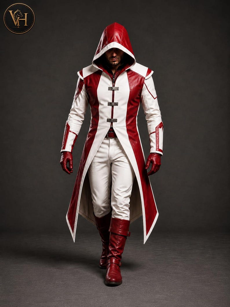 Red Assassin Leather Coat - Hooded Cosplay Duster