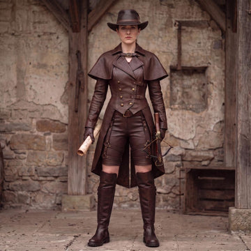 Women's Steampunk Leather Coat and Shorts Costume Set