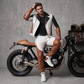 Men's White Cognac Black Leather Biker Jacket and Pants Set
