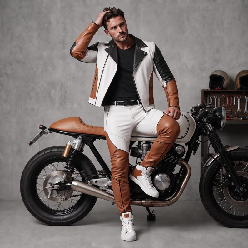 Men's White Cognac Black Leather Biker Jacket and Pants Set