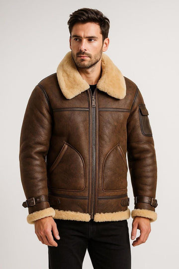 Men's Genuine Shearling Leather Jacket B3 Bomber Aviator Sheepskin Coat Brown