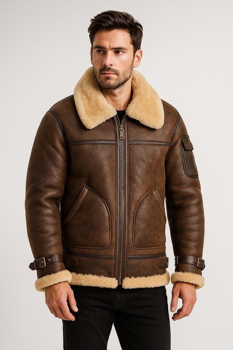 Men's Genuine Shearling Leather Jacket - B3 Bomber Aviator Brown