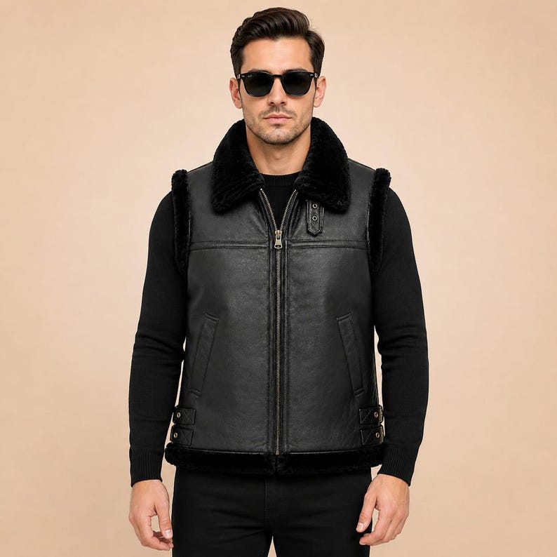 Men's Genuine Shearling Leather Vest B3 Bomber Sleeveless Jacket Black