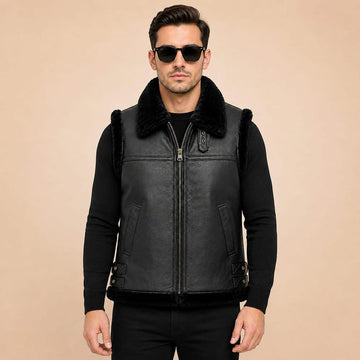 Men's Genuine Shearling Leather Vest B3 Bomber Sleeveless Jacket Black