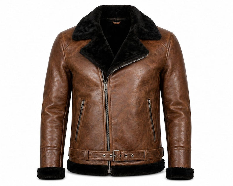 Women's Genuine Shearling Leather Jacket Biker Moto Aviator Coat Brown