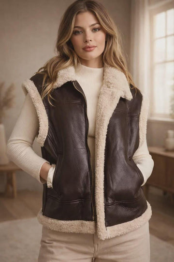 Women's Genuine Leather Shearling Vest Oversized Cream Fur Collar Cropped Waistcoat