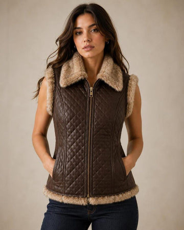 Women's Genuine Leather Quilted Vest - Shearling Collar Diamond Stitch