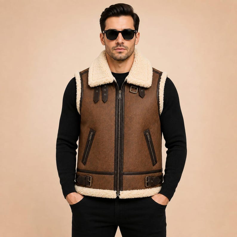 Men's Genuine Shearling Leather Vest B3 Bomber Sleeveless Jacket Brown