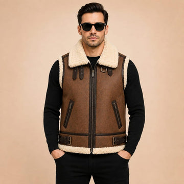 Men's Genuine Shearling Leather Vest B3 Bomber Sleeveless Jacket Brown