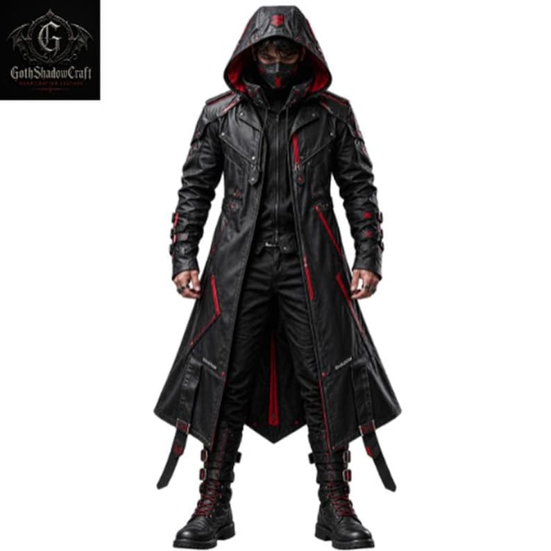 Gothic Black Hooded Trench Coat image 2