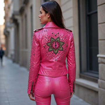 Women's Genuine Leather Studded Moto Jacket Hot Pink Embellished Biker Jacket