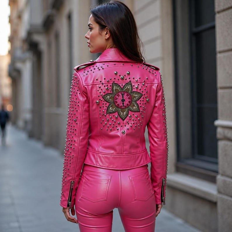 Women's Genuine Leather Studded Moto Jacket - Hot Pink Biker Style