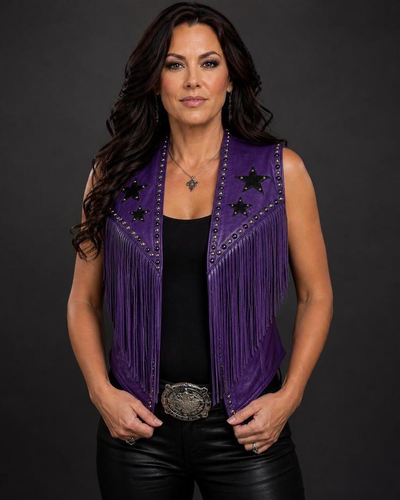 Women's Genuine Leather Fringe Vest Purple Star Studded Biker Western Waistcoat