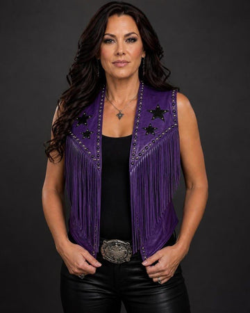Women's Genuine Leather Fringe Vest Purple Star Studded Biker Western Waistcoat