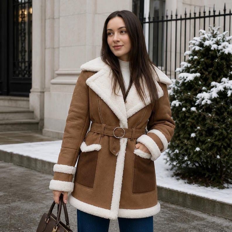Women's Genuine Shearling Coat Tan Suede Belted Sherpa Fur Winter Jacket