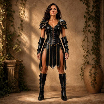 Warrior Armor Costume Women, Leather Cosplay Corset Dress With Shoulder Armor, Gladiator Fantasy Outfit